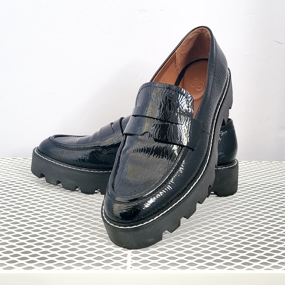 Franco Sarto Black Patent Leather Lug Sole Loafers